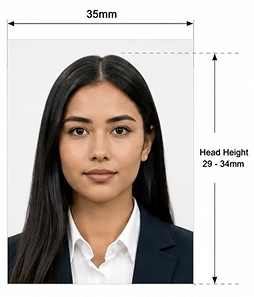 A UK passport photo marked up with its 35 mm width and 29–34 mm head height