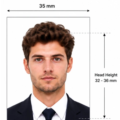 A passport photo marked up with its 35 mm width and 32–36 mm head-height limits