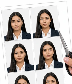 A printed sheet of identical UK passport photos being cut out with scissors
