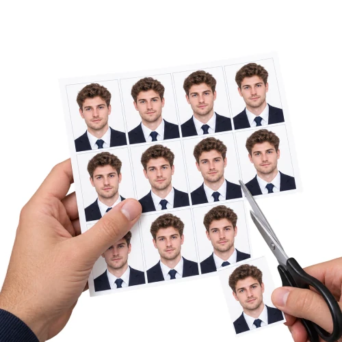 A printed sheet of identical passport photos being cut out with scissors